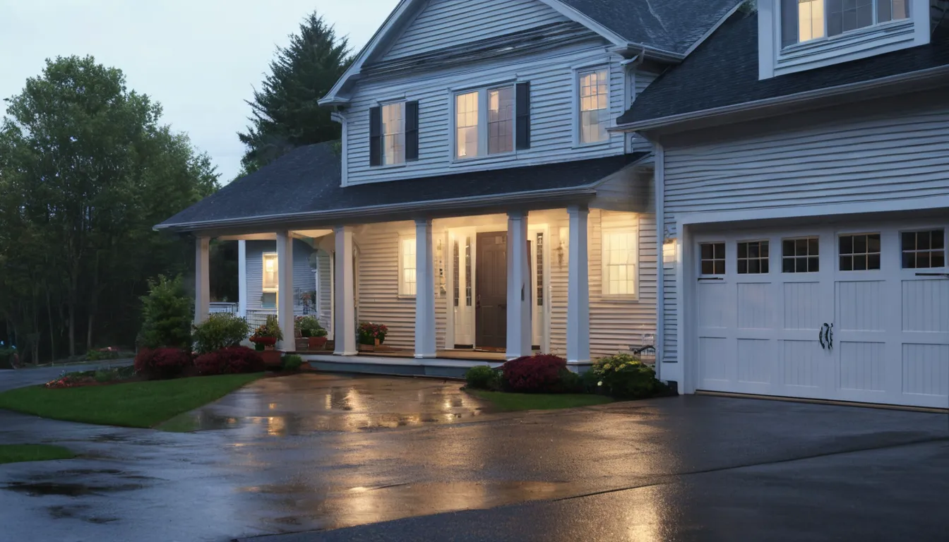 A garage door in Methuen Town with a homeowner checking it on a rainy evening
